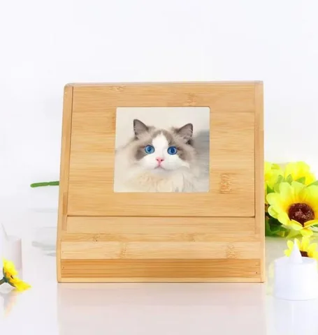 Bamboo pet photo urn shown as a memorial product sourcing reference