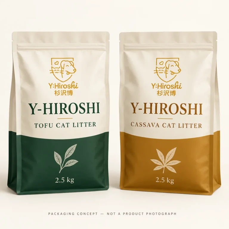 cat litter collection packaging concept for YHIROSHI; illustrative packaging, not final production.