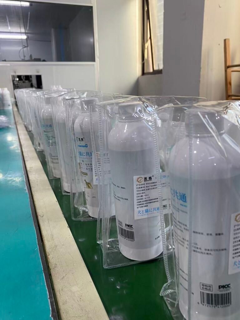 Branded pet-care bottles in individual clear protective bags