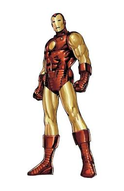 Full-length illustrated Iron Man reference in classic red and gold armour