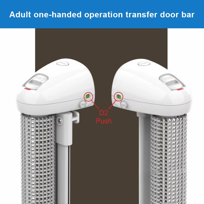 Two white top controls, side green indicators, push button and rolled grey mesh.