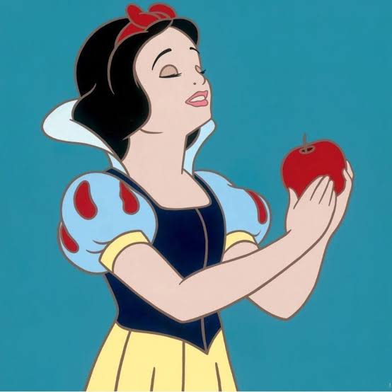 Snow White holding a red apple against a teal background