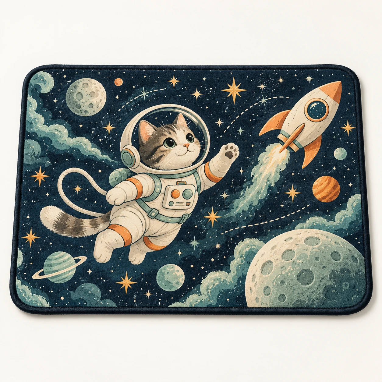 Original astronaut cat illustration on a printed pet mat