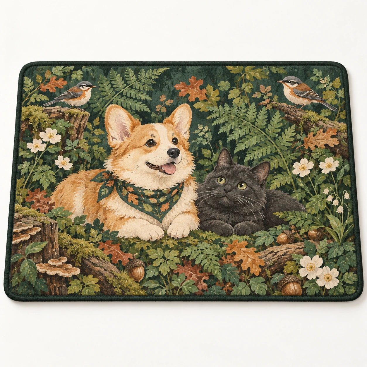 Original forest pet illustration featuring a corgi and cat on a printed mat
