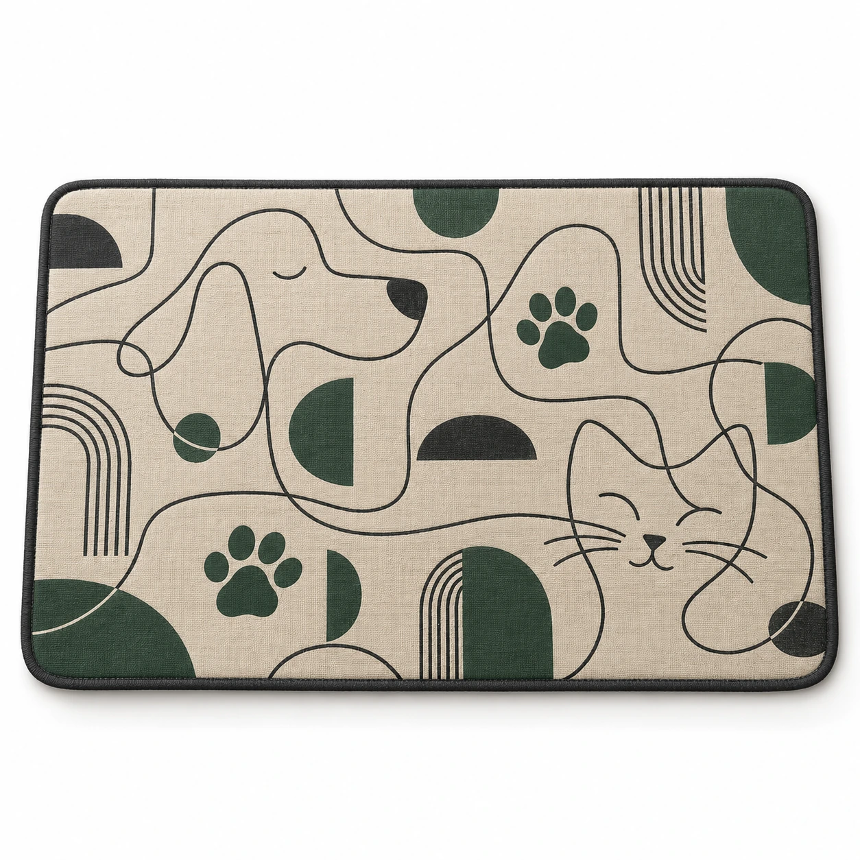 Original geometric dog and cat line art and paw pattern on a printed pet mat